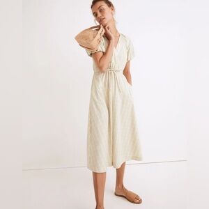 Madewell Green Plaid Tie-Waist Midi Dress Puff Sleeve Cottagecore Pockets Size L